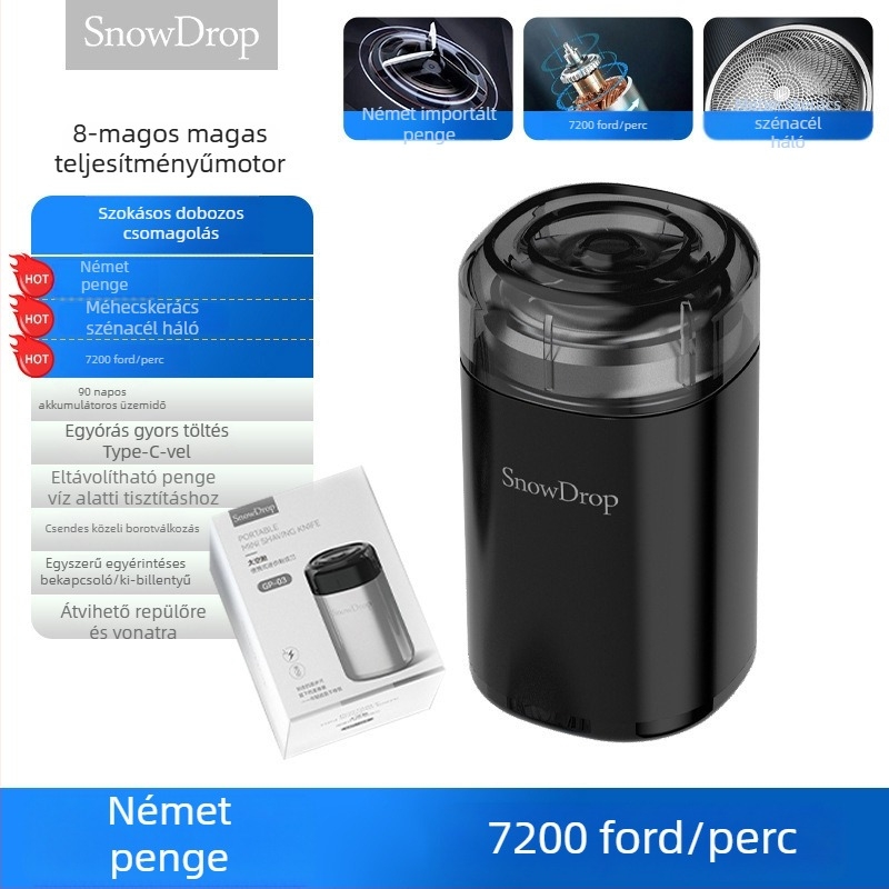 Hordozható elektromos borotva 3 pengés forgó fejjel, lebegő fej, levehető tisztító fej, beépített 100-300 mAh akkumulátor, 30 napos üzemidő, DC motor