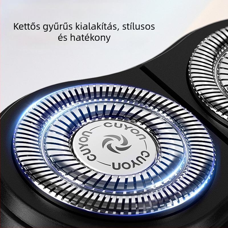 Két forgófejű elektromos borotva, töltési típusú energiaforrás, beépített akkumulátor, 1 órás töltés, akár 30 napos üzemidő