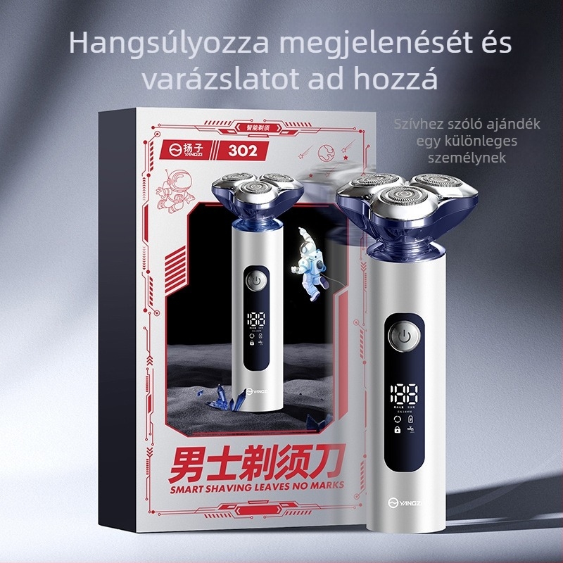 Elektromos borotva forgó 3‑pengéjű fejjel, teljesen mosható, nedves és száraz használat, újratölthető, 150 perc akkumulátor‑élettartam