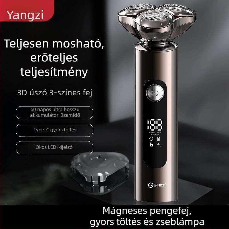 Elektromos borotva forgó 3‑pengéjű fejjel, teljesen mosható, nedves és száraz használat, újratölthető, 150 perc akkumulátor‑élettartam