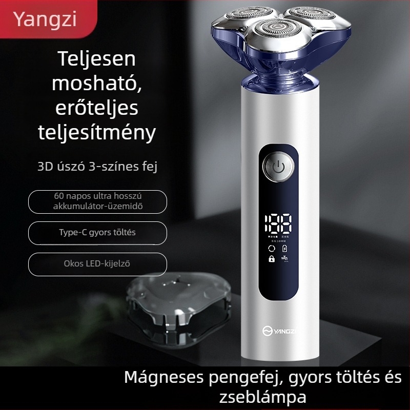 Elektromos borotva forgó 3‑pengéjű fejjel, teljesen mosható, nedves és száraz használat, újratölthető, 150 perc akkumulátor‑élettartam