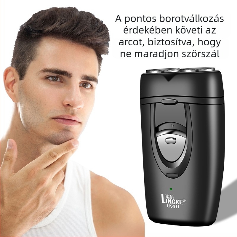 Lingke elektromos borotva, kettős fejű forgófej, lebegő fej, beépített akkumulátor 300–500 mAh, üzemidő 45–60 perc, alacsony zajszint