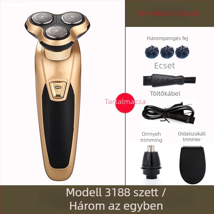 Elektromos borotva forgó fejjel, 3 élű, vízálló az egész test tisztításához, brushless motor, beépített 2000–4000 mAh akkumulátor, újratölthető