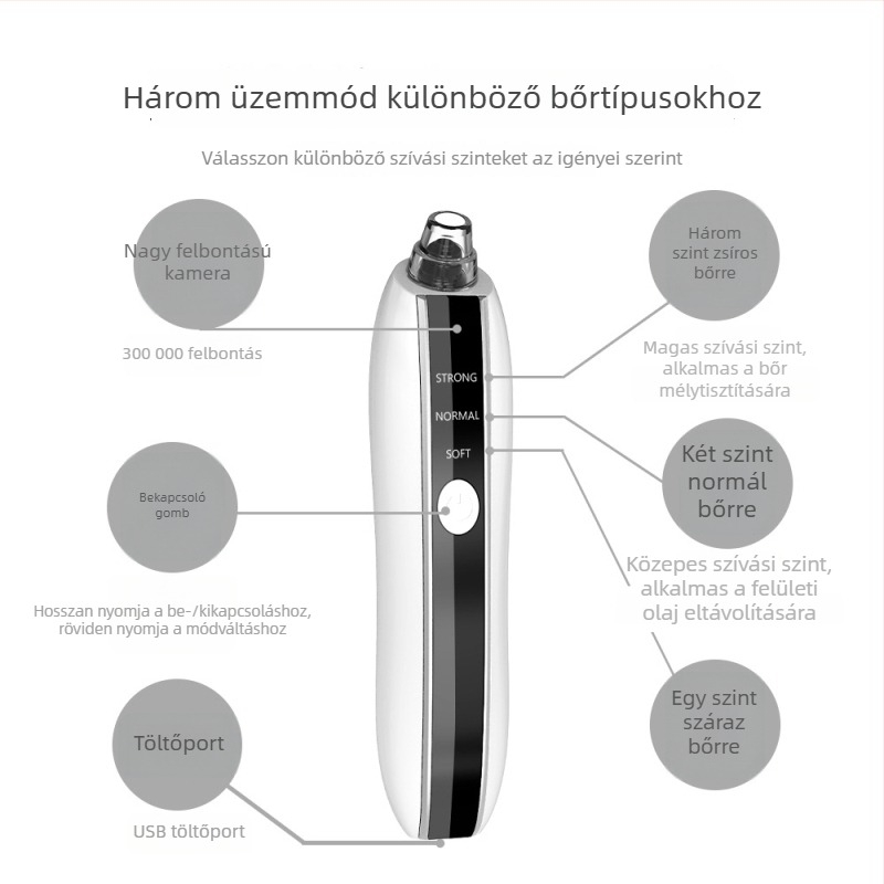 Otthoni használatra szánt, 3 fokozatú elektromos pórustisztító vákuummal, vizuális kijelzővel és Wi‑Fi‑vel a mitesszékhez