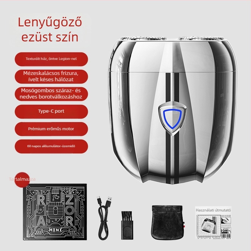 Utazási elektromos borotva, forgó kétélű fej, beépített akkumulátor, brushless motor, 6 órás üzemidő