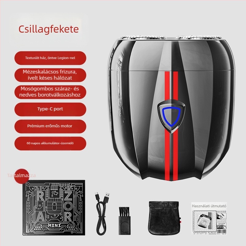 Utazási elektromos borotva, forgó kétélű fej, beépített akkumulátor, brushless motor, 6 órás üzemidő