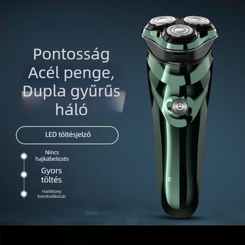 Beépített akkumulátorral rendelkező elektromos borotva, forgó hárompengés fej, nedves és száraz használat, teljes testre mosható