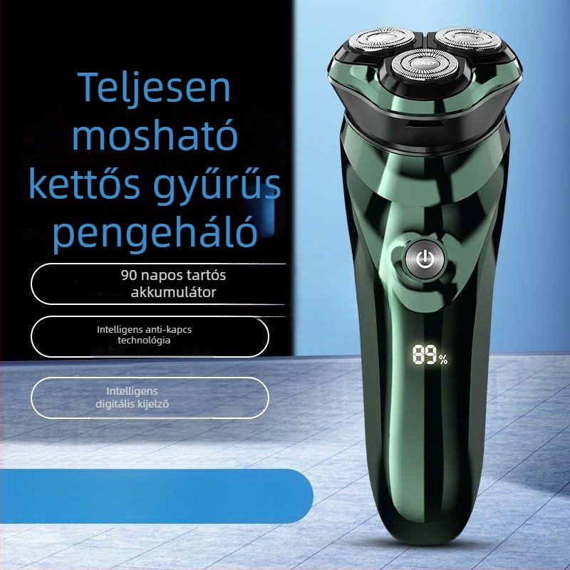Beépített akkumulátorral rendelkező elektromos borotva, forgó hárompengés fej, nedves és száraz használat, teljes testre mosható