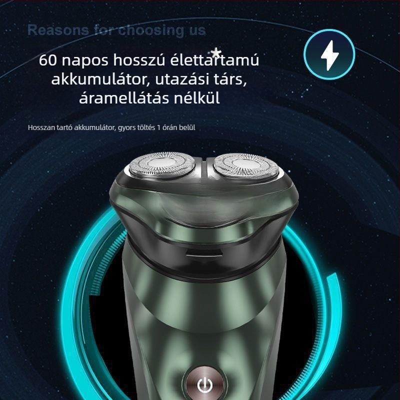 Beépített akkumulátorral rendelkező elektromos borotva, forgó hárompengés fej, nedves és száraz használat, teljes testre mosható