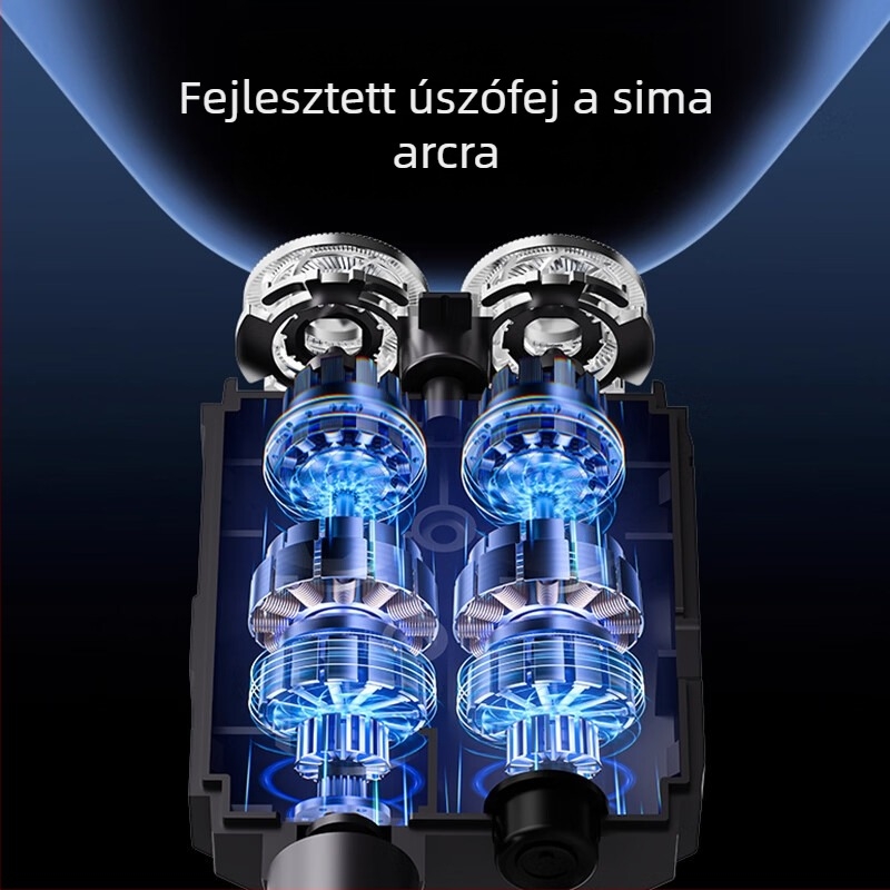 2‑in‑1 dupla fejű elektromos borotva LED kijelzővel, hordozható, forgó 2‑pengés fej, brushless motor, beépített 500–800 mAh akkumulátor, akár 30 perc működés