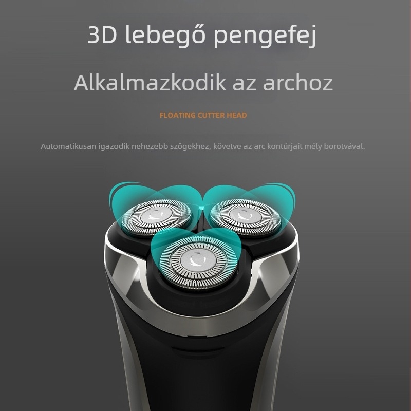 Úszó 3‑fejű forgófejes elektromos borotva, nedves és száraz használat, USB töltés, több mint 60 perc üzemidő, digitális kijelző