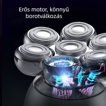 Elektromos borotva teljes testhez vízálló kivitelben, LED-kijelző, lebegő vágófej, visszafelé forgó többvágófej (4+), beépített akkumulátor 500–800 mAh, több mint 60 perc üzemidő, újratölthető