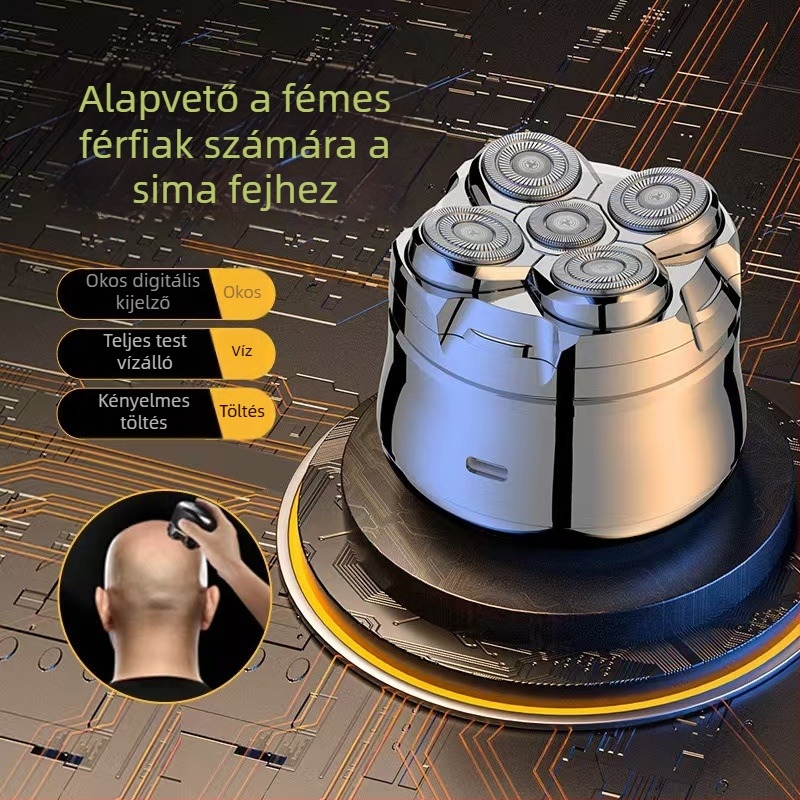 Ötfejű forgó fejű elektromos borotva, beépített 500–800 mAh akkumulátor, 60 perc üzemidő, LED kijelző, teljes test mosható