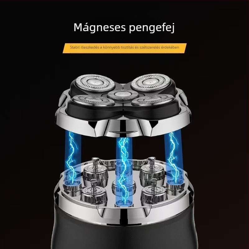 Ötfejű forgó fejű elektromos borotva, beépített 500–800 mAh akkumulátor, 60 perc üzemidő, LED kijelző, teljes test mosható