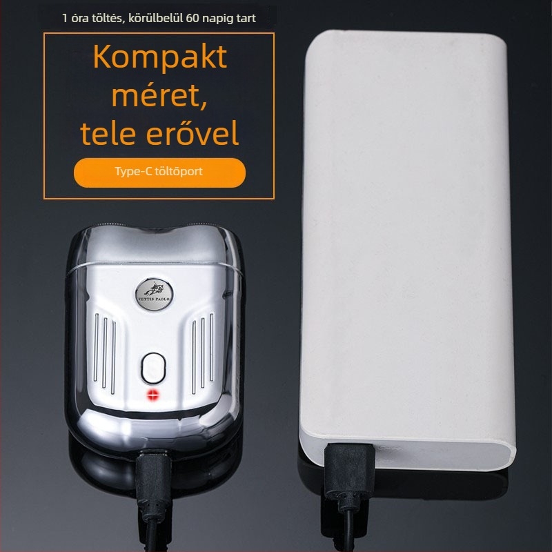 Teljes testű vízálló elektromos borotva, forgó fej két pengével, beépített 300–500 mAh akkumulátor, gyors töltés, akár 85 perc működés