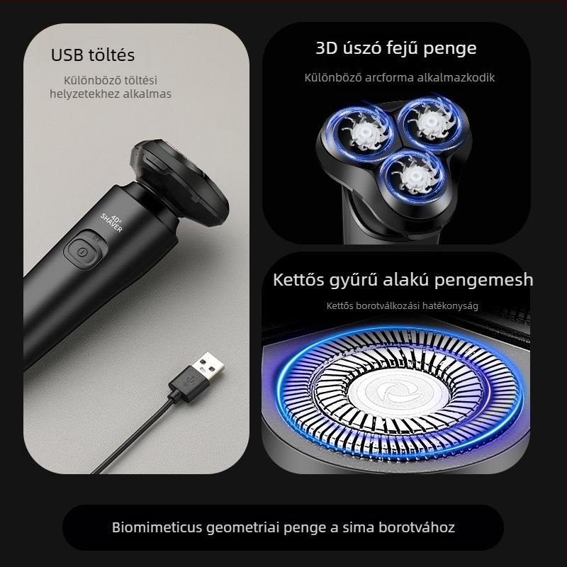 Schwicki elektromos borotva 3‑fejes forgó fejjel és lebegő fejjel, teljes test tisztítására, USB gyorstöltés, beépített 300–500 mAh akkumulátor, akár 60 perc működés
