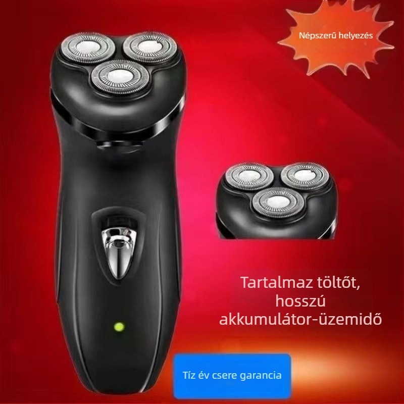 Férfiak számára elektromos borotva, kétfunkciós, újratölthető, teljesen mosható, három penge, forgó fej
