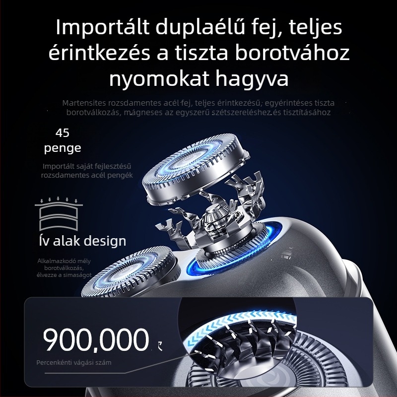 Férfiaknak szóló elektromos borotva, 3 pengés forgó fej, USB töltés, nedves és száraz használat, 60+ perc üzemidő