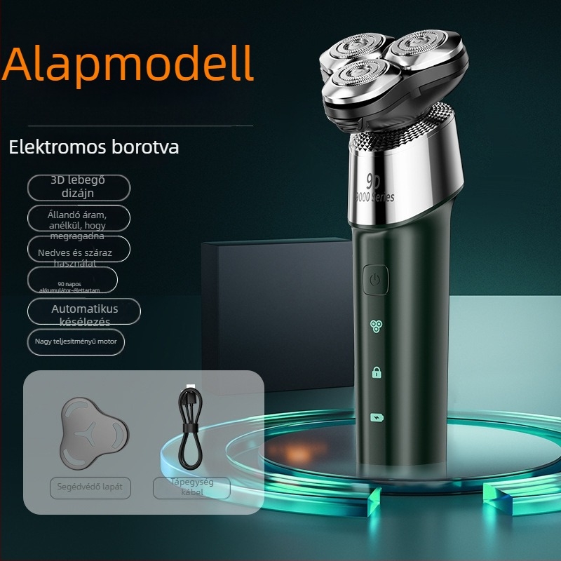 Elektromos borotva 3‑fejű forgó fejjel, brushless motor, beépített 1200–2000 mAh akkumulátor, 90 perc üzemidő, teljes test mosható