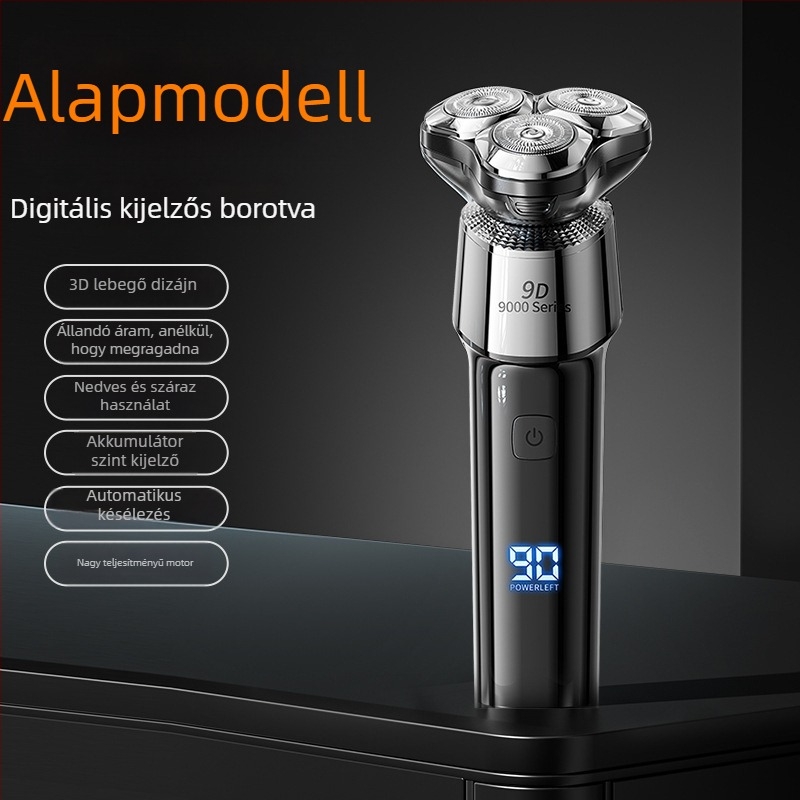 Elektromos borotva 3‑fejű forgó fejjel, brushless motor, beépített 1200–2000 mAh akkumulátor, 90 perc üzemidő, teljes test mosható