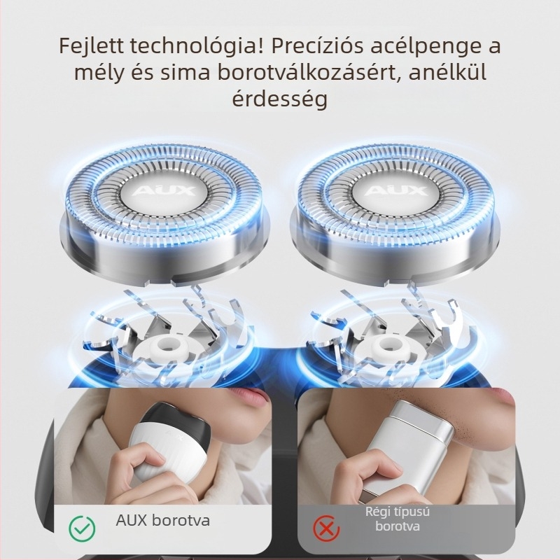 Aux Mini hordozható elektromos borotva férfiaknak, kompakt, forgófejű és két pengével