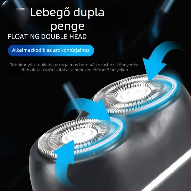 Hordozható elektromos borotva kettős forgófejjel és lebegő fejjel, száraz borotválkozás, beépített akkumulátor, 2 órás töltés