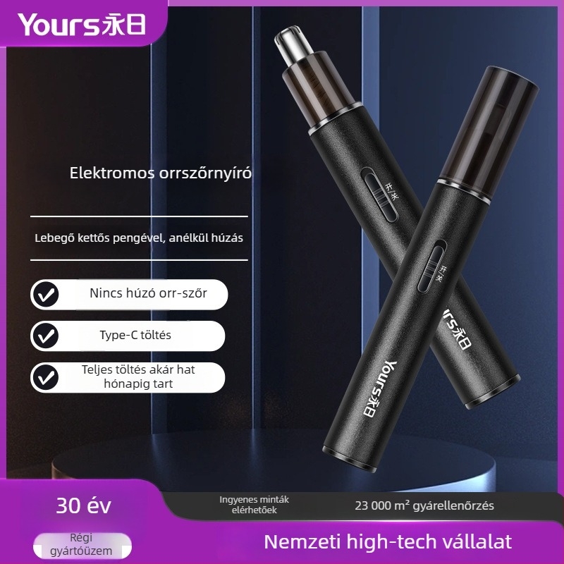 Elektromos orrszőr-nyíró, rozsdamentes acél test, újratölthető, mosható fej, beépített akkumulátor 100–300 mAh, üzemidő több mint 15 nap