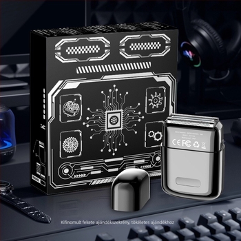 Cinkötvözet testű elektromos borotva, mosható és hordozható; 3‑fejes reciprocáló fej; beépített 300–500 mAh akkumulátor; üzemidő több mint 60 perc; 1 órás töltés