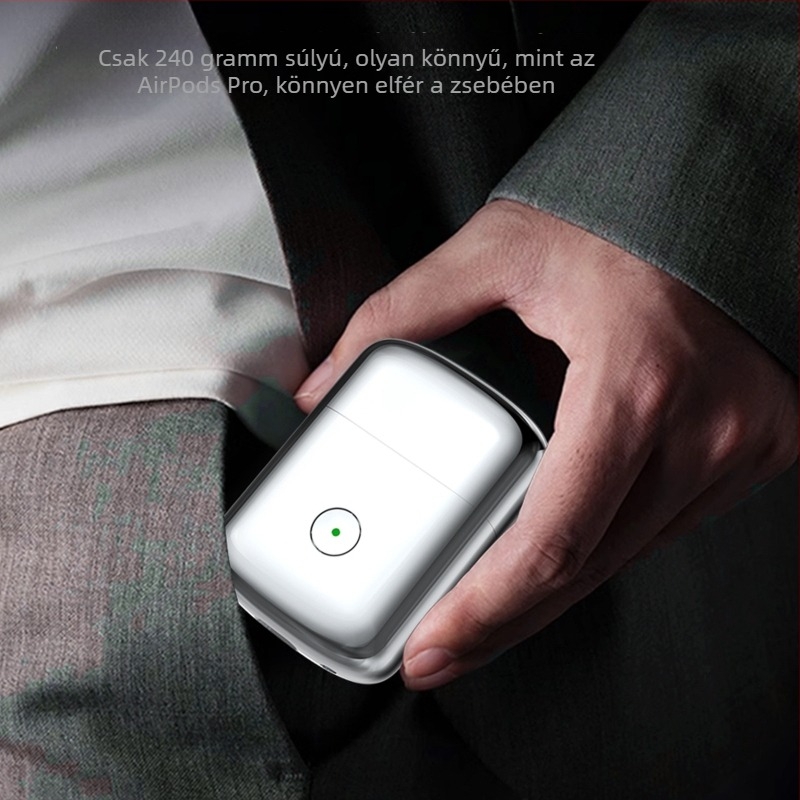 Cinkötvözet testű elektromos borotva, mosható és hordozható; 3‑fejes reciprocáló fej; beépített 300–500 mAh akkumulátor; üzemidő több mint 60 perc; 1 órás töltés