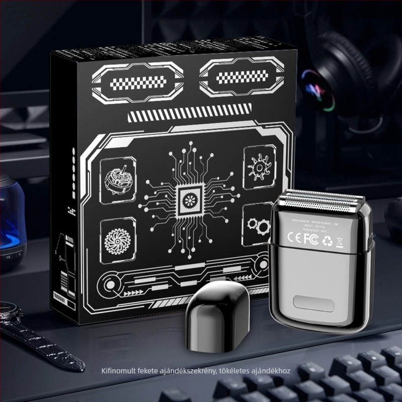 Cinkötvözet testű elektromos borotva, mosható és hordozható; 3‑fejes reciprocáló fej; beépített 300–500 mAh akkumulátor; üzemidő több mint 60 perc; 1 órás töltés