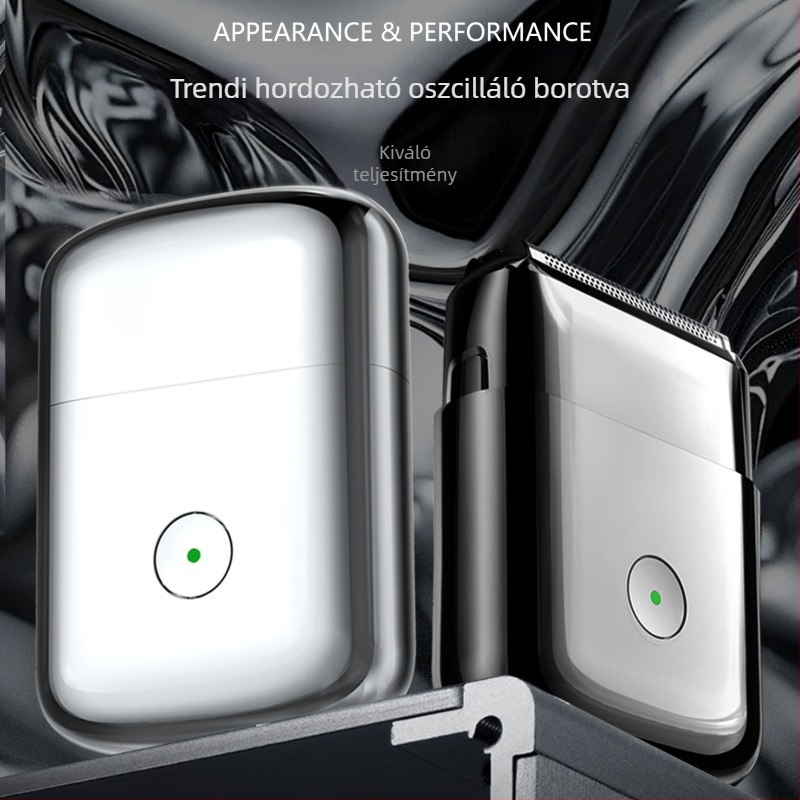 Cinkötvözet testű elektromos borotva, mosható és hordozható; 3‑fejes reciprocáló fej; beépített 300–500 mAh akkumulátor; üzemidő több mint 60 perc; 1 órás töltés