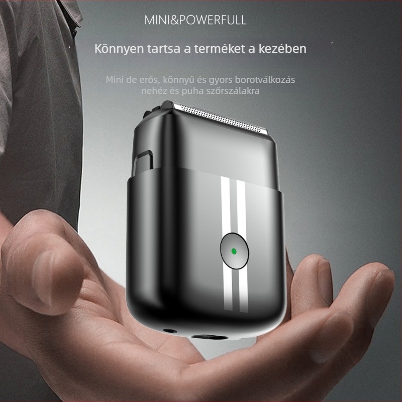 Cinkötvözet testű elektromos borotva, mosható és hordozható; 3‑fejes reciprocáló fej; beépített 300–500 mAh akkumulátor; üzemidő több mint 60 perc; 1 órás töltés