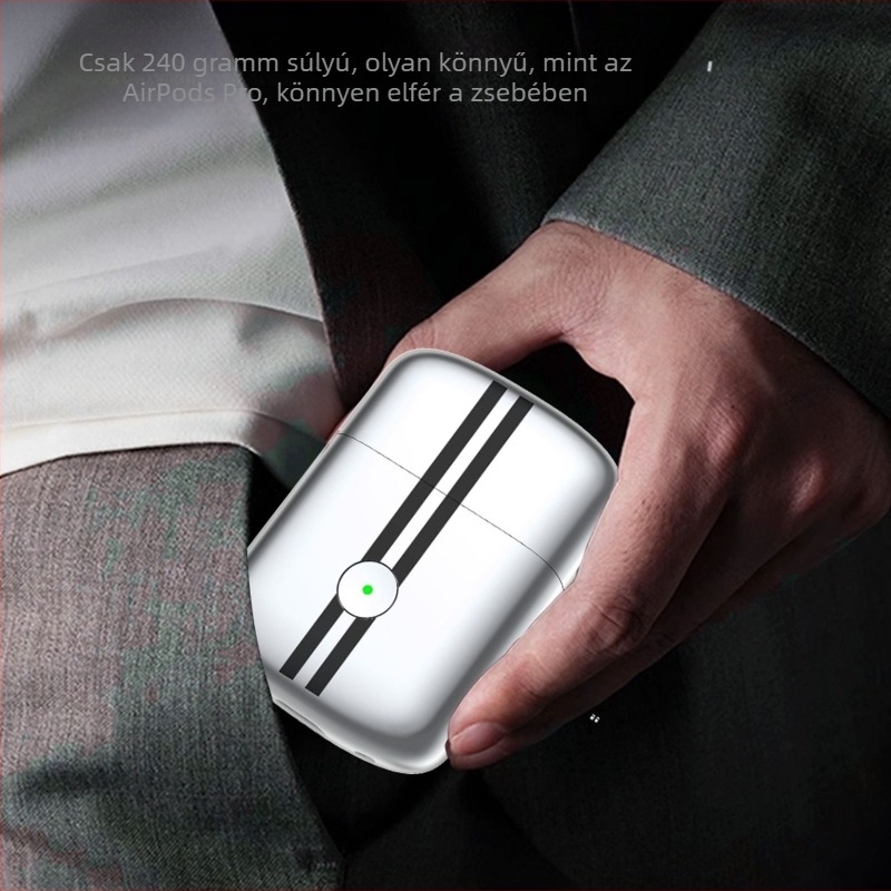 Cinkötvözet testű elektromos borotva, mosható és hordozható; 3‑fejes reciprocáló fej; beépített 300–500 mAh akkumulátor; üzemidő több mint 60 perc; 1 órás töltés