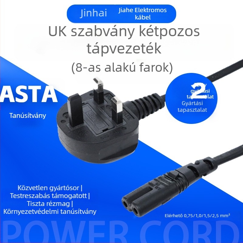 Tápkábel brit szabványú dugóval, 2-vezetékes réz vezető, 0,75 mm² keresztmetszet, PVC burkolat, VDE tanúsítvány