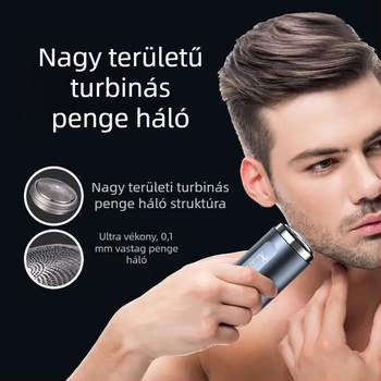 Elektromos borotva forgó többpengés fejével (4+ pengével), beépített akkumulátor, kefés motor, üzemidő 30–45 perc, zaj 36–45 dB