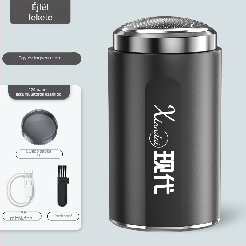 Elektromos borotva forgó többpengés fejével (4+ pengével), beépített akkumulátor, kefés motor, üzemidő 30–45 perc, zaj 36–45 dB