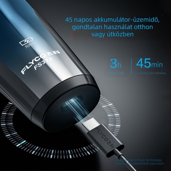 Flyco elektromos borotva, újratölthető, teljes testre vízálló, lebegő fej, forgó hárompengés fej, üzemidő körülbelül 45 perc