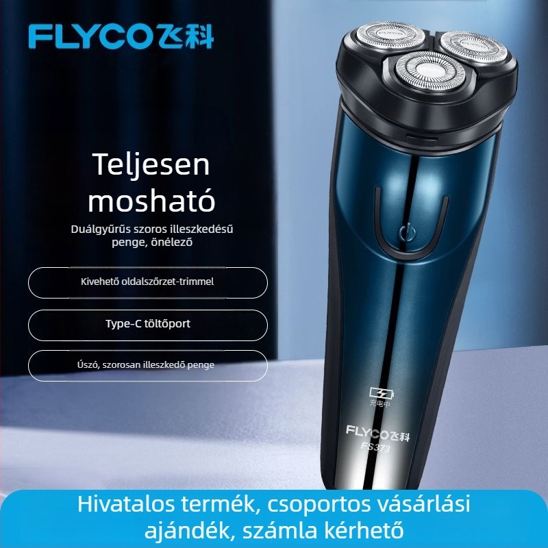 Flyco elektromos borotva, újratölthető, teljes testre vízálló, lebegő fej, forgó hárompengés fej, üzemidő körülbelül 45 perc