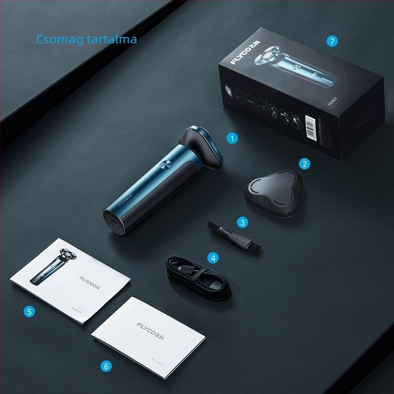 Flyco elektromos borotva, újratölthető, teljes testre vízálló, lebegő fej, forgó hárompengés fej, üzemidő körülbelül 45 perc