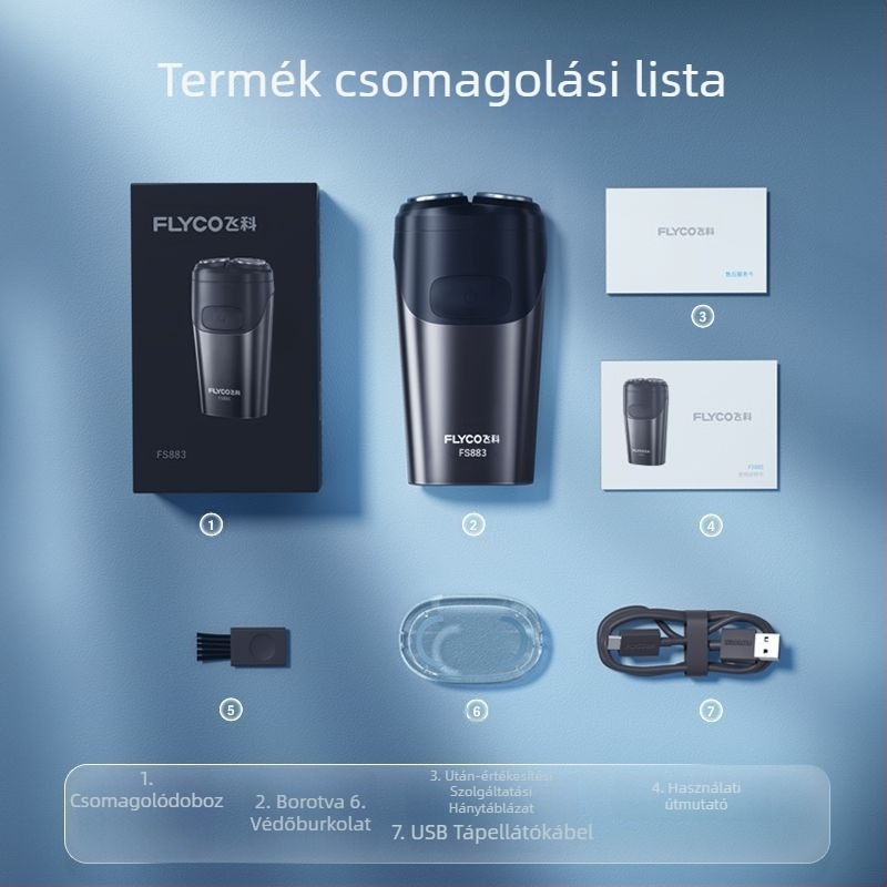 Flyco elektromos borotva, újratölthető, teljes testre vízálló, lebegő fej, forgó hárompengés fej, üzemidő körülbelül 45 perc