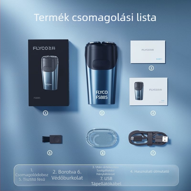 Flyco elektromos borotva, újratölthető, teljes testre vízálló, lebegő fej, forgó hárompengés fej, üzemidő körülbelül 45 perc