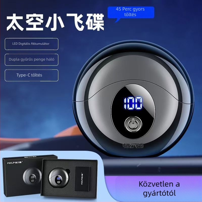 Elektromos borotva forgófejű, 2 pengével, úszó fej, nedves-száraz használat, USB-töltés (1 óra), üzemidő 45–60 perc