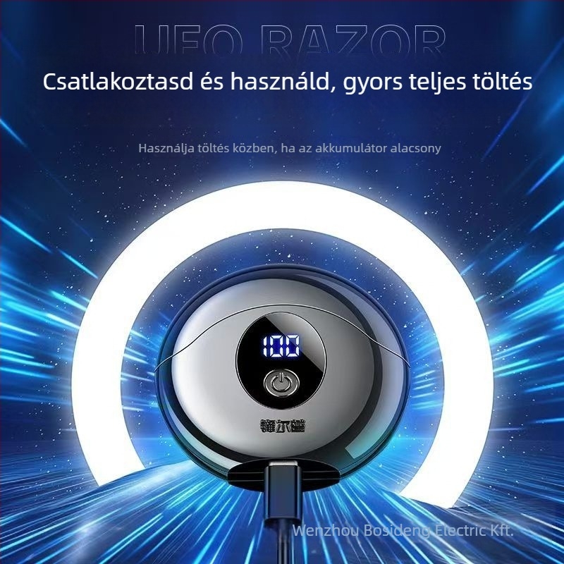 Elektromos borotva forgófejű, 2 pengével, úszó fej, nedves-száraz használat, USB-töltés (1 óra), üzemidő 45–60 perc