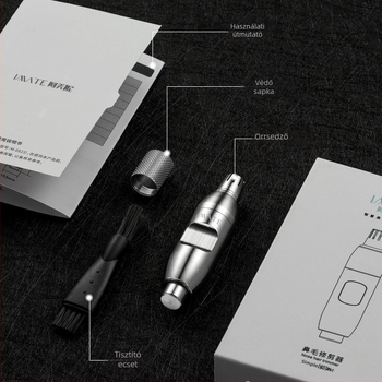 Elektromos orr-szőrzetvágó, leválasztható mosható fej, ABS tokozás, száraz elemről működik, kompakt és hordozható