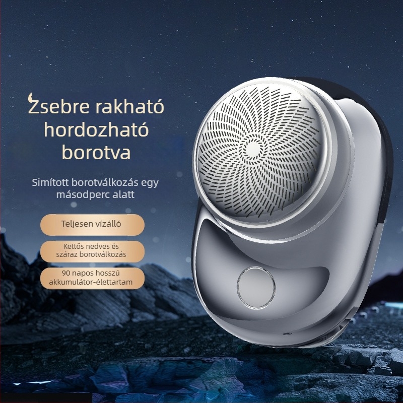 Elektronikus mini borotva férfiaknak, hordozható forgó fejű borotva, mosható fej, beépített akkumulátor 100–300 mAh, brushless motor, alacsony zajszint