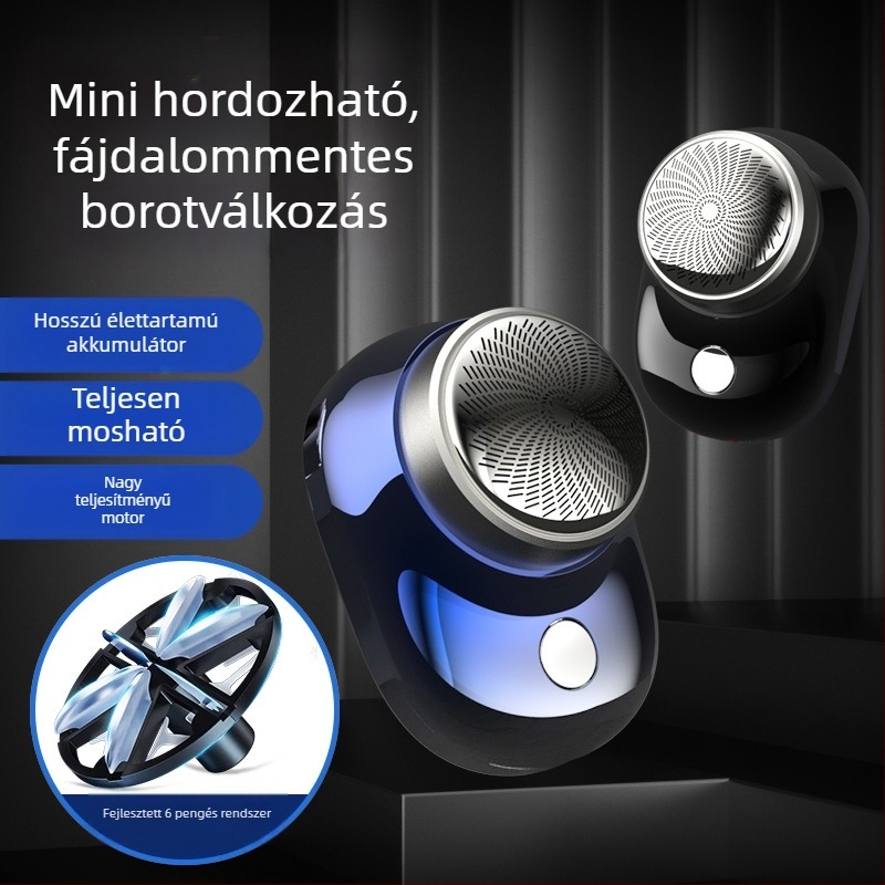 Elektronikus mini borotva férfiaknak, hordozható forgó fejű borotva, mosható fej, beépített akkumulátor 100–300 mAh, brushless motor, alacsony zajszint