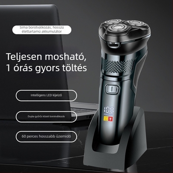 Férfiak számára elektromos borotva lebegő háromfejű forgó fejjel, teljes testre mosható, LED kijelző, beépített 500–800 mAh akkumulátor, hordozható