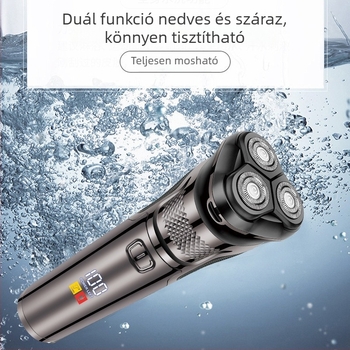 Férfiak számára elektromos borotva lebegő háromfejű forgó fejjel, teljes testre mosható, LED kijelző, beépített 500–800 mAh akkumulátor, hordozható