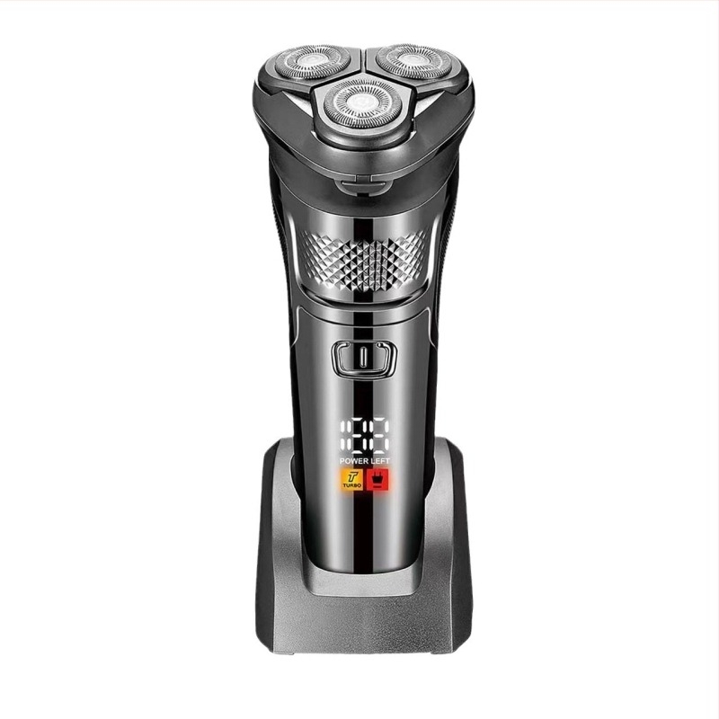 Férfiak számára elektromos borotva lebegő háromfejű forgó fejjel, teljes testre mosható, LED kijelző, beépített 500–800 mAh akkumulátor, hordozható