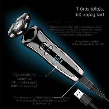 VOAUN elektromos borotva forgó háromfejes fejjel, teljes testre vízálló, LED kijelző, 60+ perc üzemidő, max. 5W teljesítmény